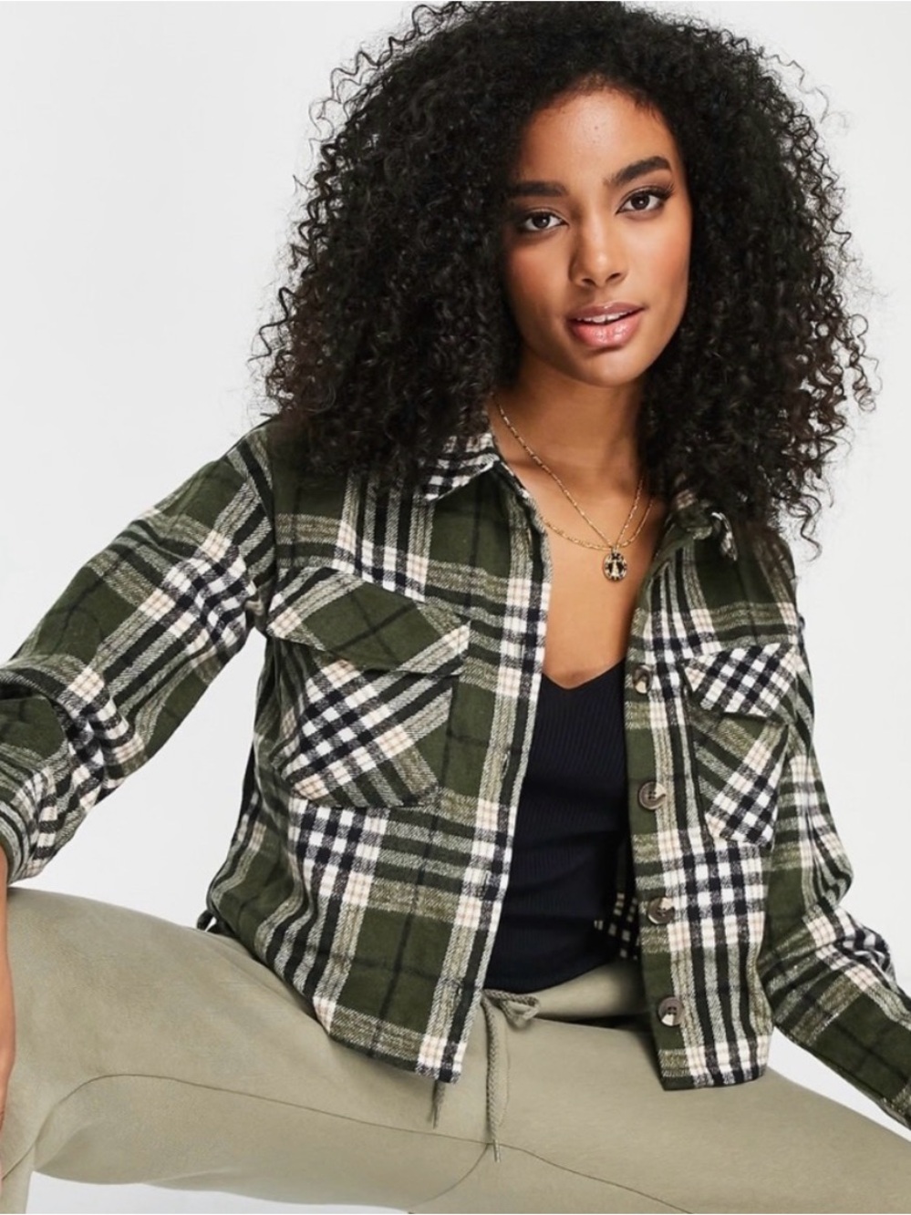 Vero Moda Plaid Cropped Shirt Jacket / Shacket - Olive, black, cream